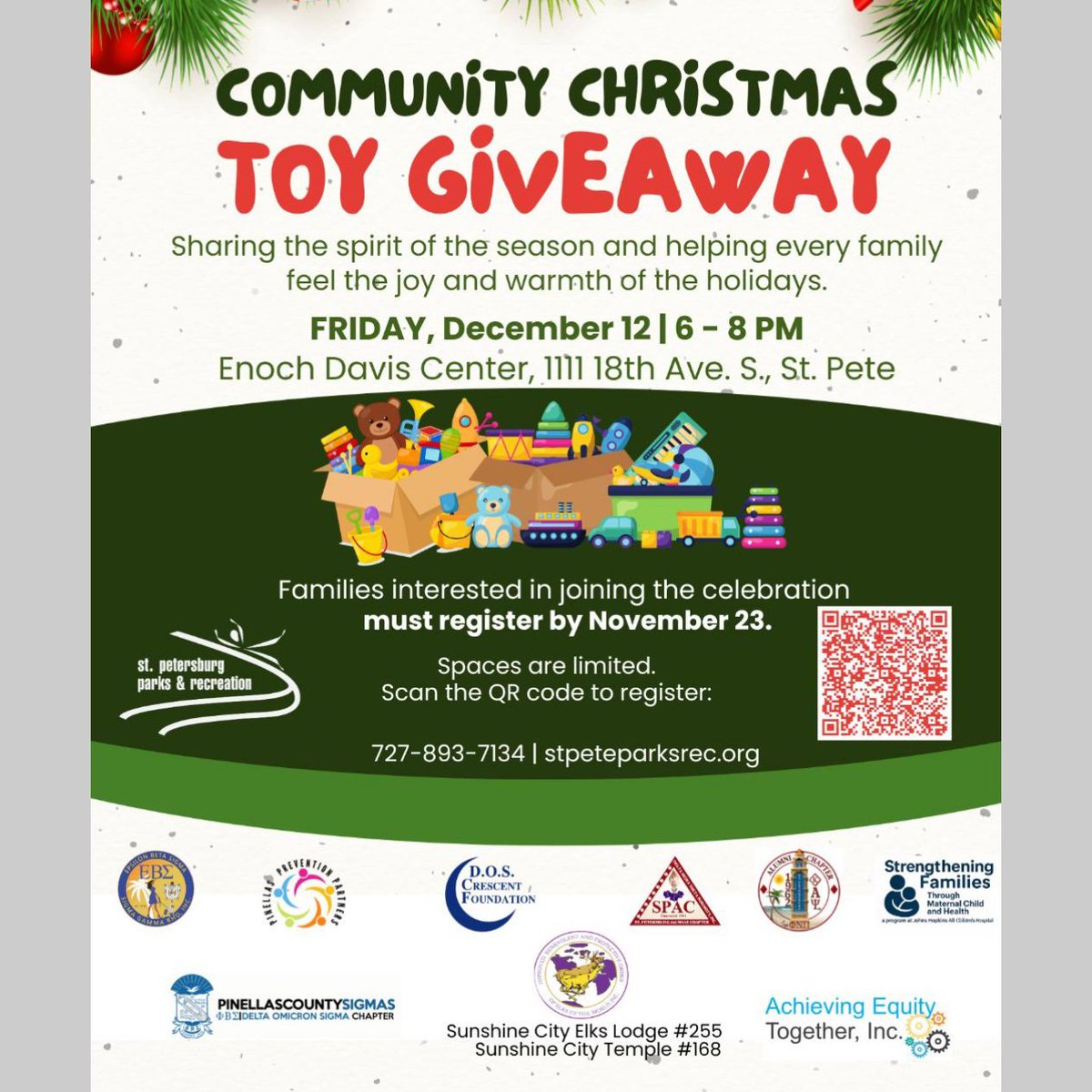 TOY GIVEAWAY: <a href="/StPeteParksRec/">St. Pete Parks & Rec</a> is organizing a Community Christmas #ToyGiveaway! 🎁✨ 

📅 Dec 12, 2025
⏰ 6 - 8 PM
📍 Enoch D. Davis Center, 1111 18th Ave. S.

Families MUST register by Nov 23rd!

Register here: tinyurl.com/ToyGiveaway2025

#StPete #stpetefl #stpetersburgfl