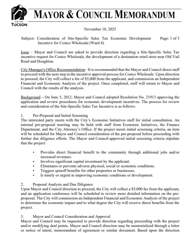 Mary_reports's tweet image. VAIL COSTCO? During this week&apos;s study session, the Tucson City Council will discuss giving Costco a sales tax break. The new Costco would be built at 9748 Old Vail Road, near Houghton.
Construction would begin in January 2027 and could be done by June-September of that same year.…