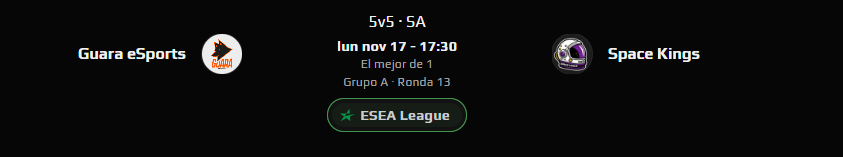 ¡¡SALIENDO DEL PLANETA CAPITAN!! 🚀

Hoy toca <a href="/ESEA/">ESEA League</a>, estamos cercas de terminar la regular season, nos toca jugar contra <a href="/guaragg/">Guará eSports</a> ⭐.
Se viene una semana completamente movida donde se definirá si pasamos a los Playoffs.

#LESTGOSK #SK #CS2 #LATAM