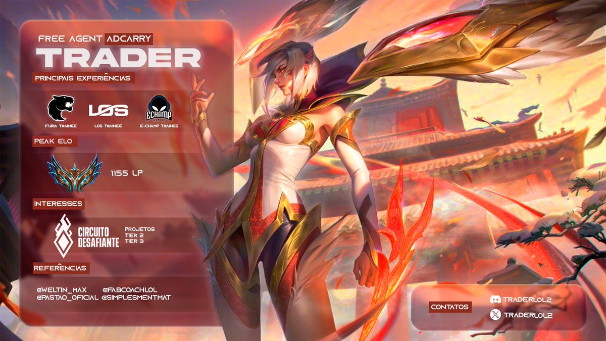 Após esse meu split pela Echamp Trainee, venho aqui anunciar estou aberto para ouvir propostas T2 

Rt's e❤️são apreciados! DM open para contato