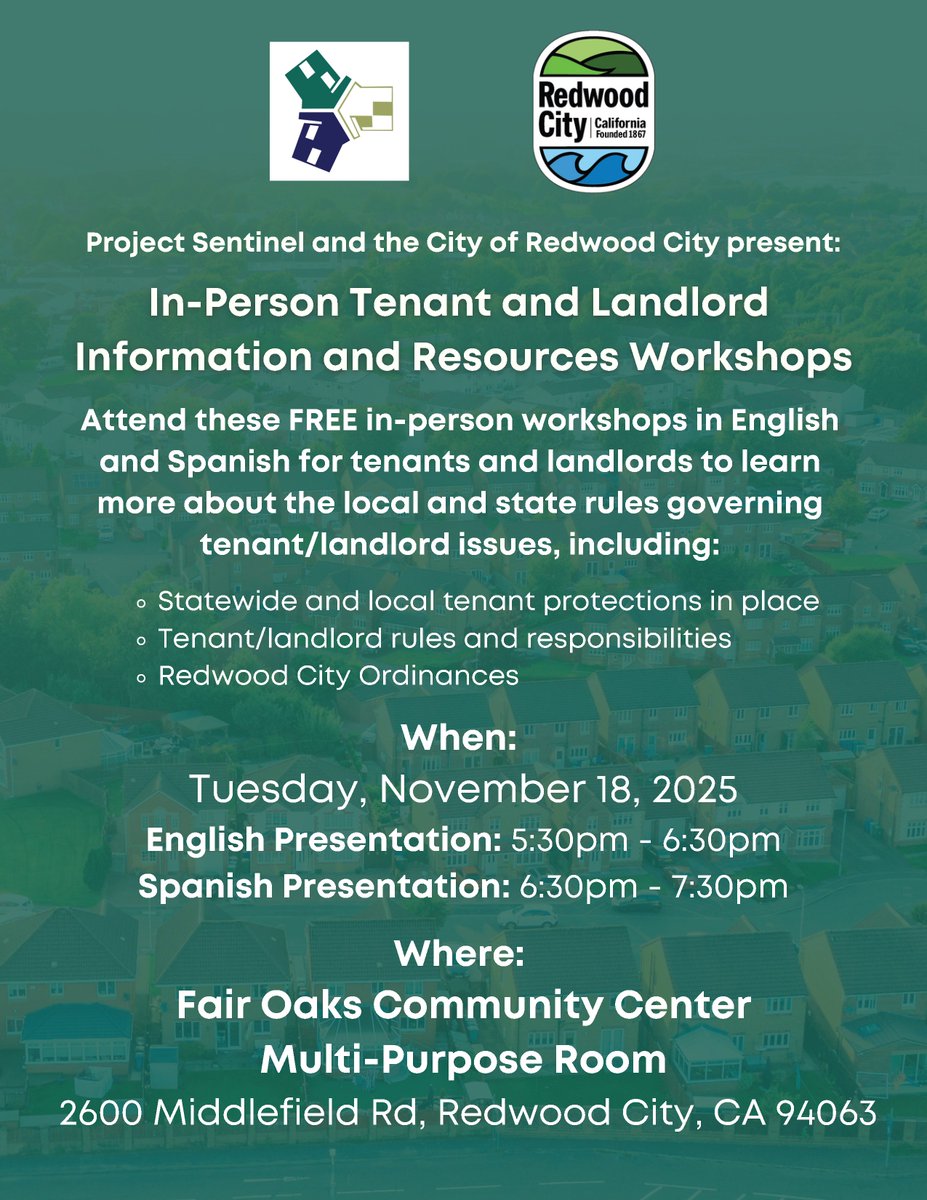 RedwoodCity's tweet image. We are hosting a free Tenant and Landlord Information and Resources Workshop tomorrow night, November 18 at the Fair Oaks Community Center. Come learn about local and state tenant protections, landlord and tenant responsibilities, and Redwood City ordinances.