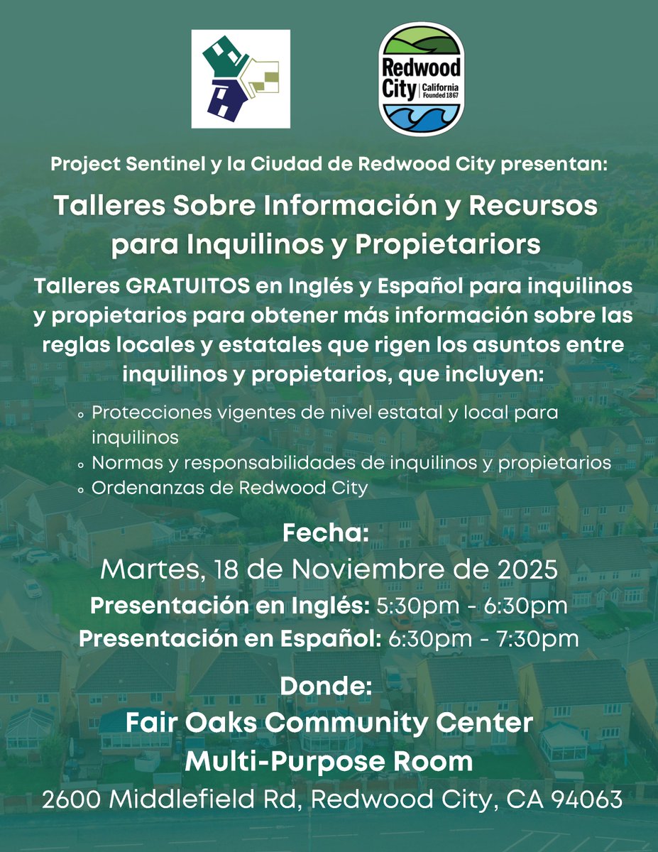 RedwoodCity's tweet image. We are hosting a free Tenant and Landlord Information and Resources Workshop tomorrow night, November 18 at the Fair Oaks Community Center. Come learn about local and state tenant protections, landlord and tenant responsibilities, and Redwood City ordinances.