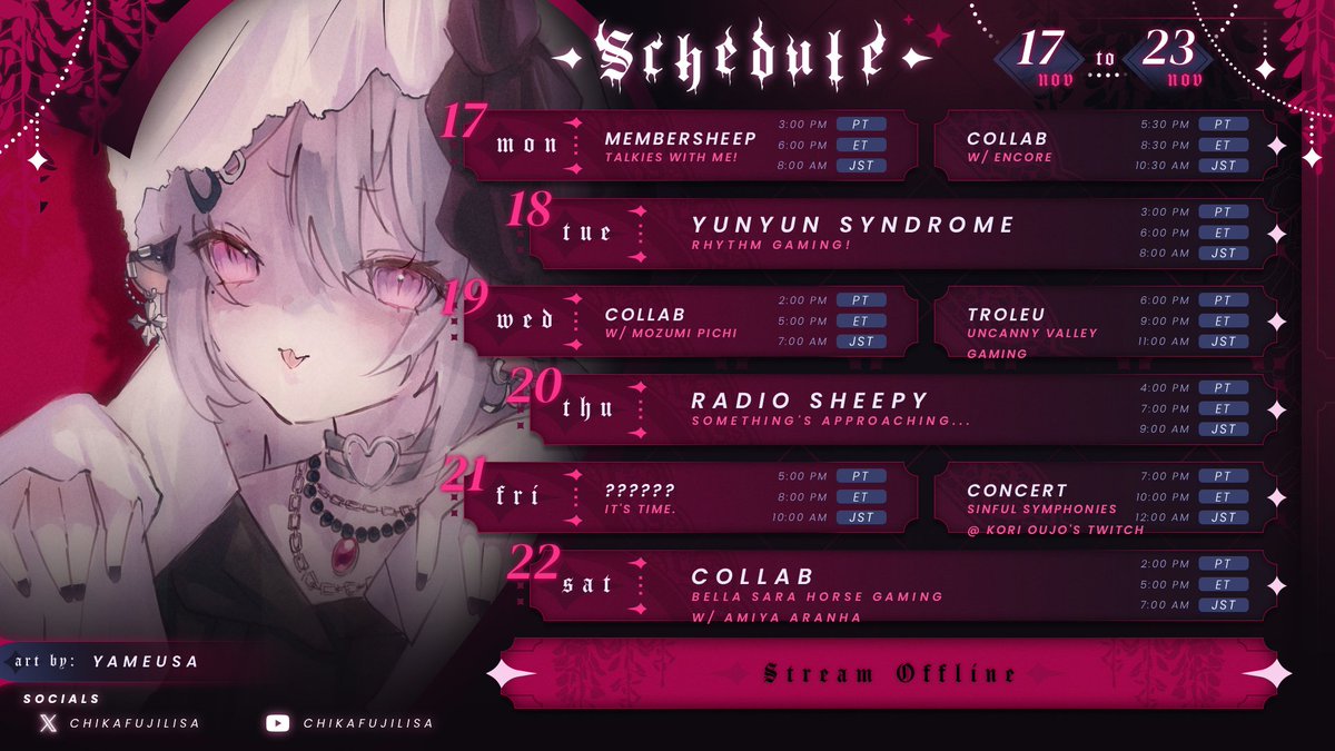 chikafujilisa's tweet photo. ❤️‍🩹 Weekly Schedule 11/17 - 11/23 ❤️‍🩹
General #ChikafujiLisa
Live #sheepylive
Art #chikafujillust (#L18SA)  
Music #lisalullaby
Meme #sheeposting https://t.co/T43k3BSSCI