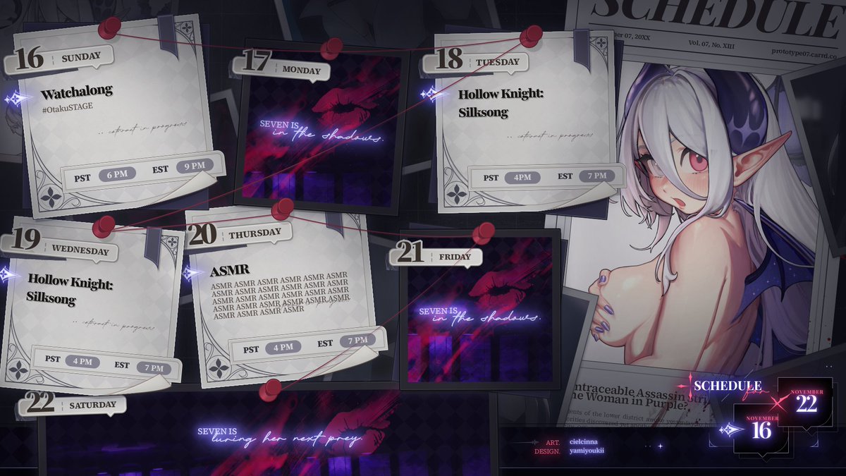 Prot0type7's tweet image. ⟡ SCHEDULE November 16 - 22 ⟡

Got some plans on Friday so we&apos;ll move up our usual ASMR  to Thursday :&amp;gt;

Also continuing silksong, I&apos;ll reach act 2 some day 💀

Let&apos;s have fun this week too~ 🤍