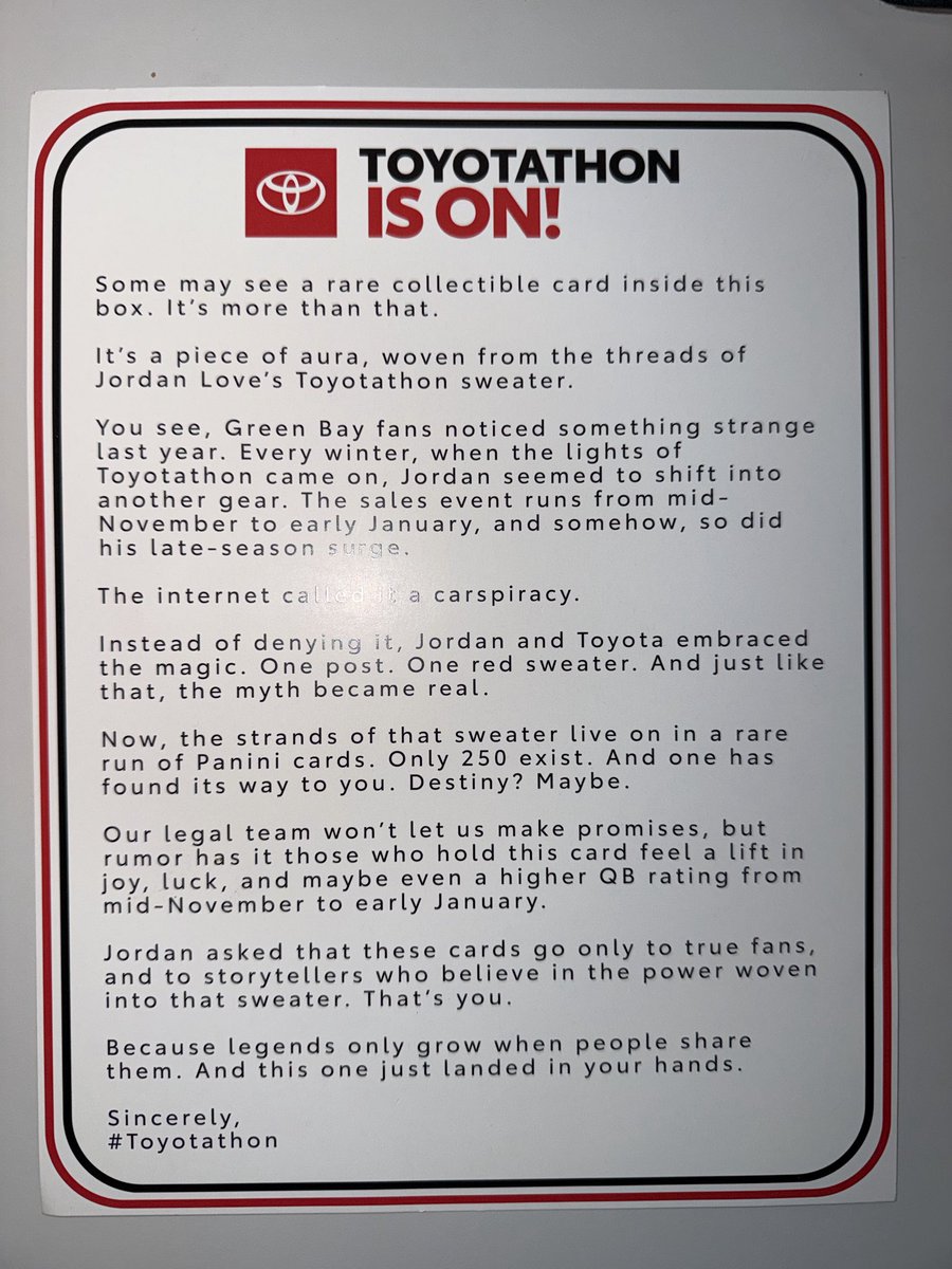 Toyota x Panini x Jordan Love collabs for the Jordan Love Toyotathon card 

(H/t Darren Rovell)
