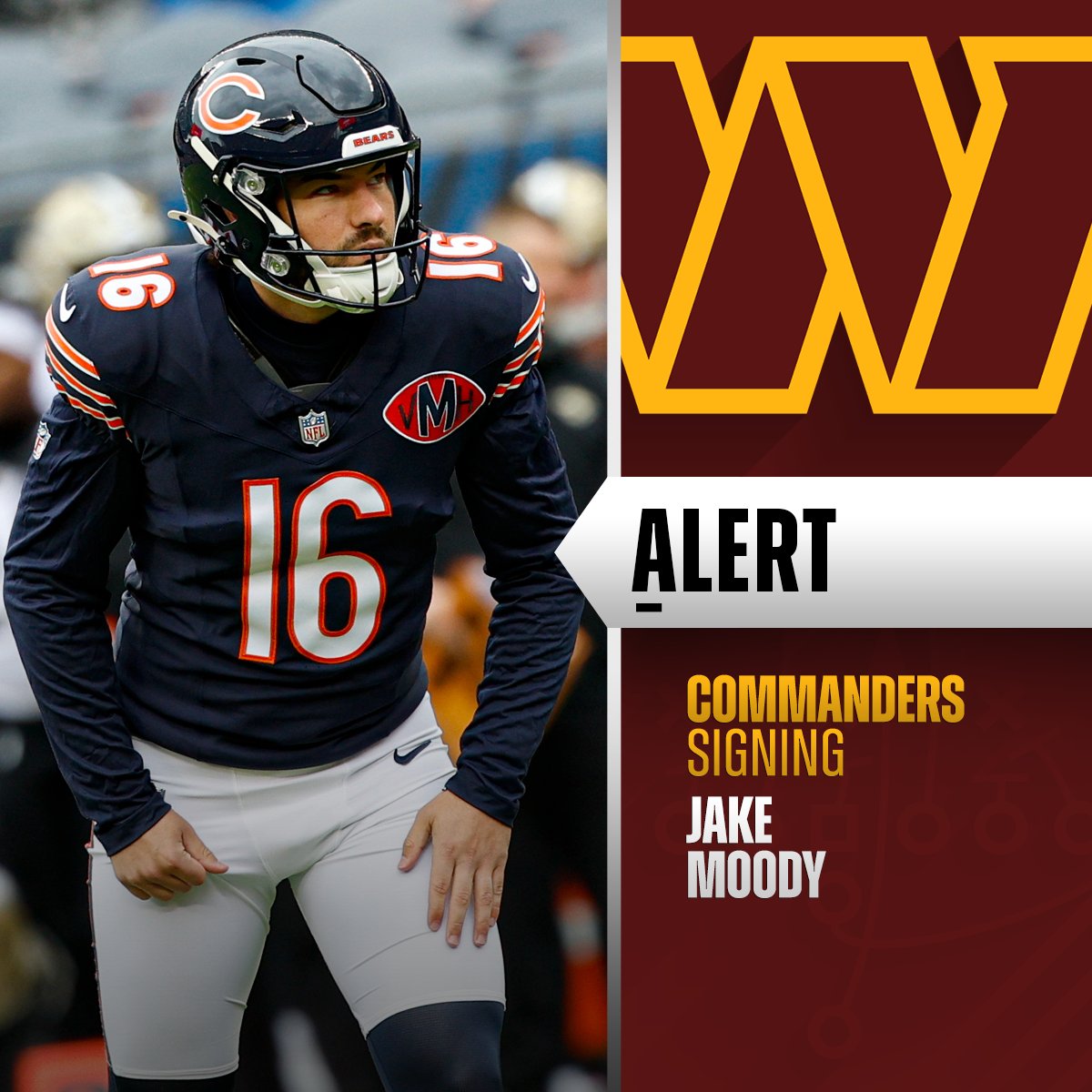 NFL's tweet image. Commanders sign K Jake Moody off the Bears practice squad. (via @TomPelissero)