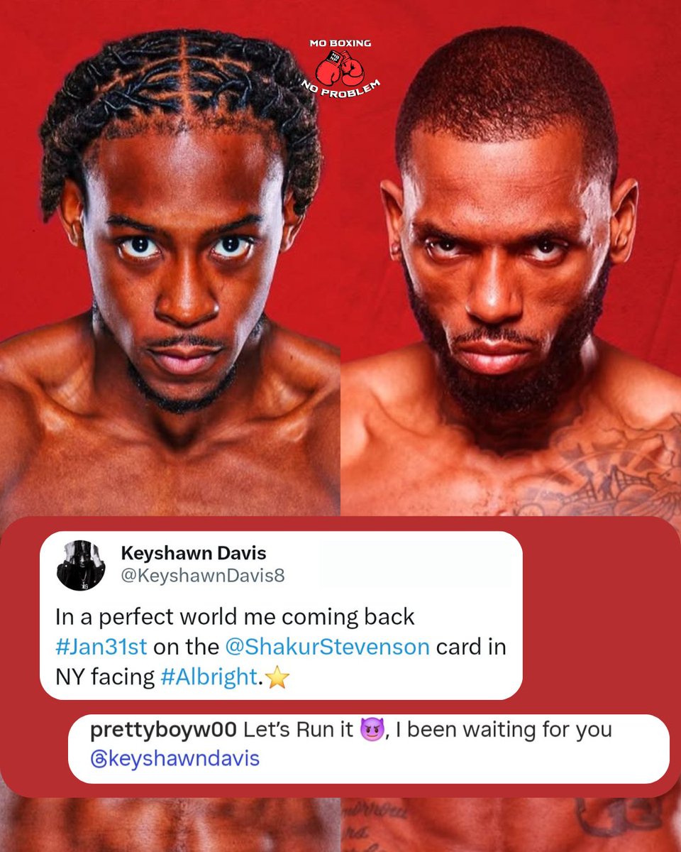 MoBoxingNP's tweet image. Keyshawn Davis vs. Nahir Albright II on the Shakur-Teo undercard on January 31st in NY? 🤔

Both fighters want it! 😤