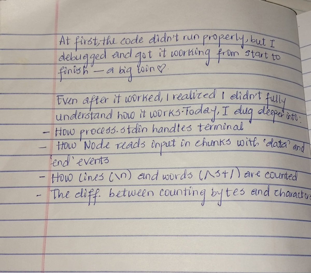 AyanfeoluwaAyo1's tweet image. Day 5/30 – Understanding my wc tool
Went through my wc tool line by line today.
Some parts didn’t make sense at first, but breaking it down finally clicked. Small wins feel huge✨

#Nodejs #Express #Debug
