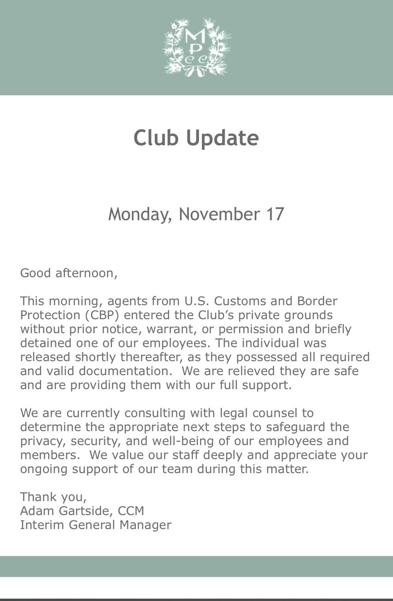 JoeBrunoWSOC9's tweet image. The interim general manager of the Myers Park Country Club says he is consulting with legal after Border Patrol entered their private grounds &quot;without warrant or permission&quot; and briefly detained an employee. The GM says the employee was released and possessed all valid…