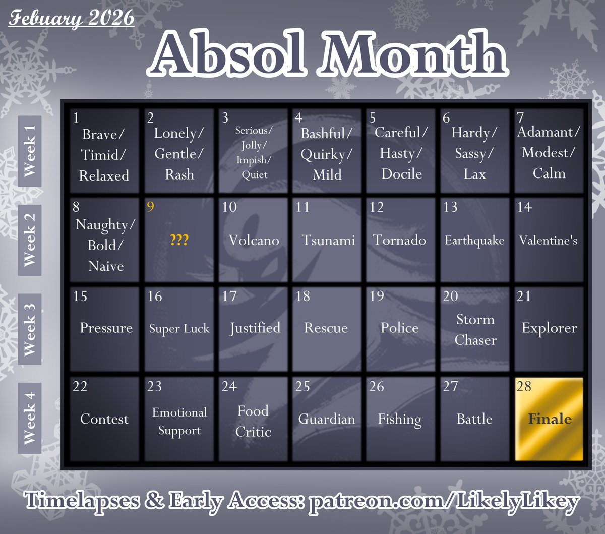LikelyLikey_'s tweet photo. ❄️February 2026 is Absol Month!❄️

 It's like an Advent Calendar, but it's 28 days of Absol art!
(You can have my art, not my chocolate)  

💖Patrons get Early Access + exclusive Timelapses 
for all Absol Month pieces and more. https://t.co/UCnlLQGrm3