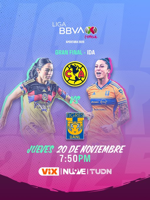 Promotional graphic in purple and blue tones displays the Liga MX Femenil Apertura 2023 logo at the top, followed by Gran Final text. Two female player silhouettes face each other: left in America kit with red, white, and blue stripes holding a ball, smiling confidently; right in Tigres yellow and blue kit. Below are America and Tigres crests with eagle and tiger motifs. Event details state Jueves 20 Noviembre 7:50 PM, broadcast on VIX, El Nueve, and TUDN.