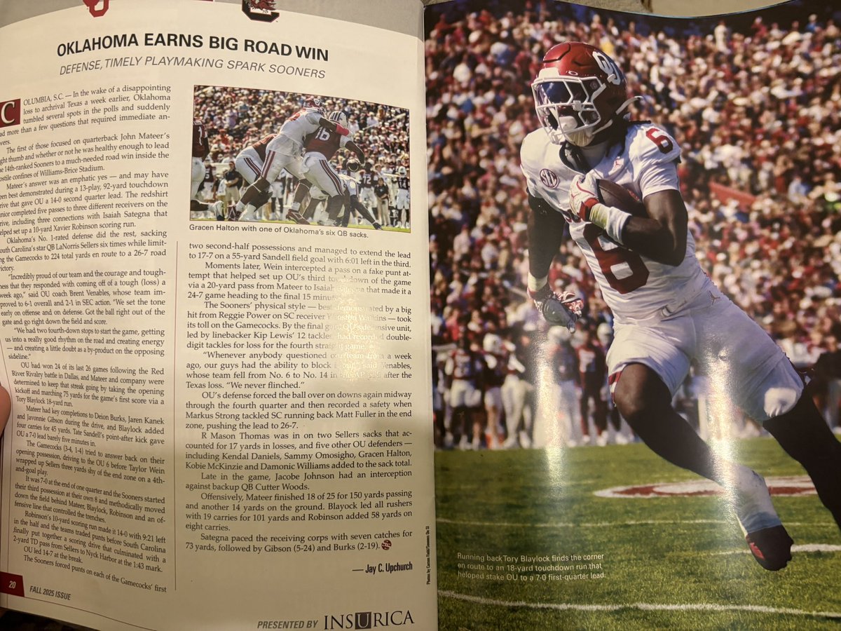 CarsonDField's tweet image. Really cool to see some of my pics featured in the new edition of Sooner Spectator Magazine!!

Big thanks to @JayCUpchurch for throwing some of them in there!

#Sooners