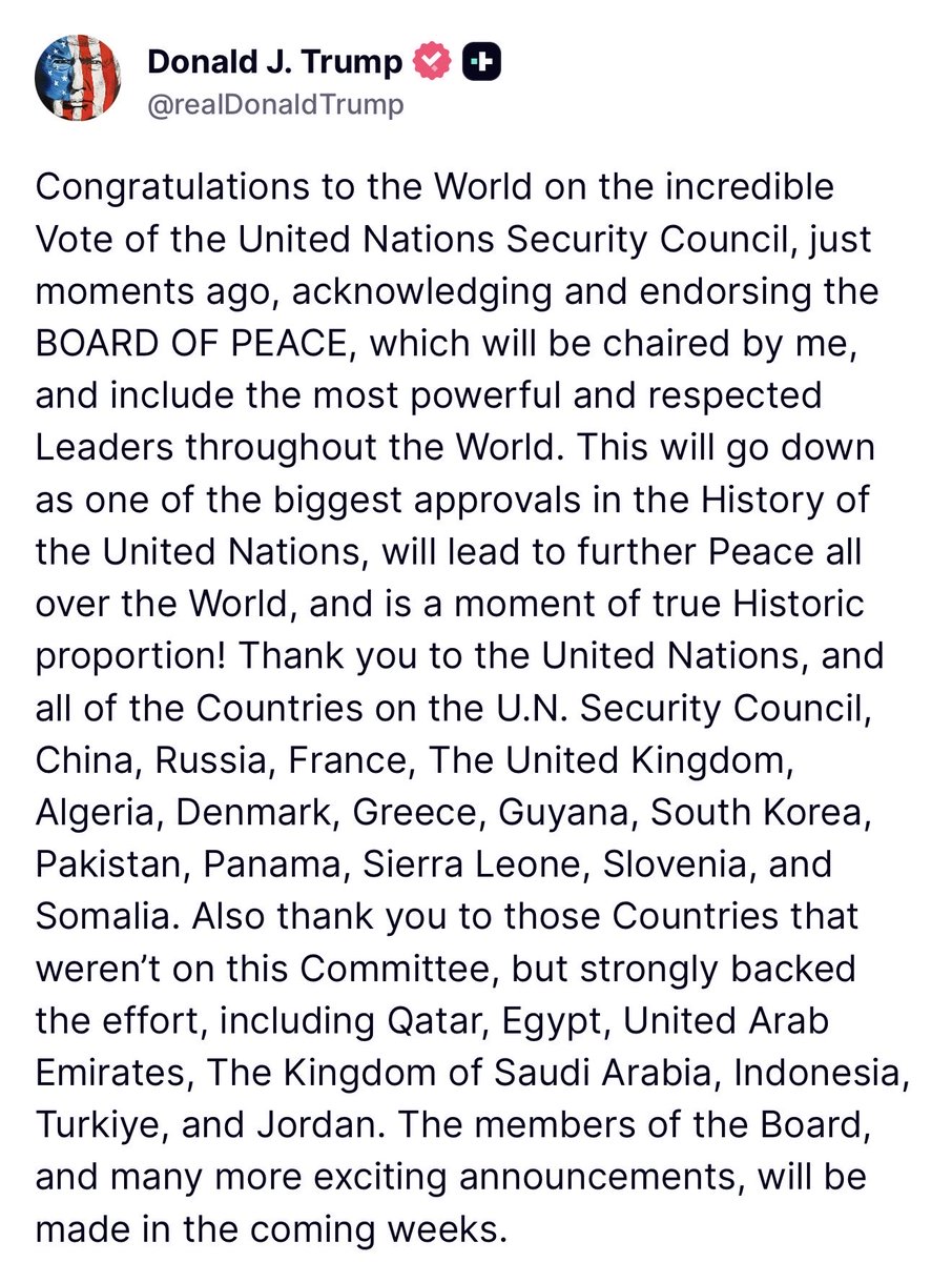 BREAKING 🚨The UNITED NATIONS just voted for the ‘Board of Peace’ and it will be chaired by Trump

THIS IS A MASSIE WIN FOR THE WORLD

PRESIDENT OF PEACE 🙏