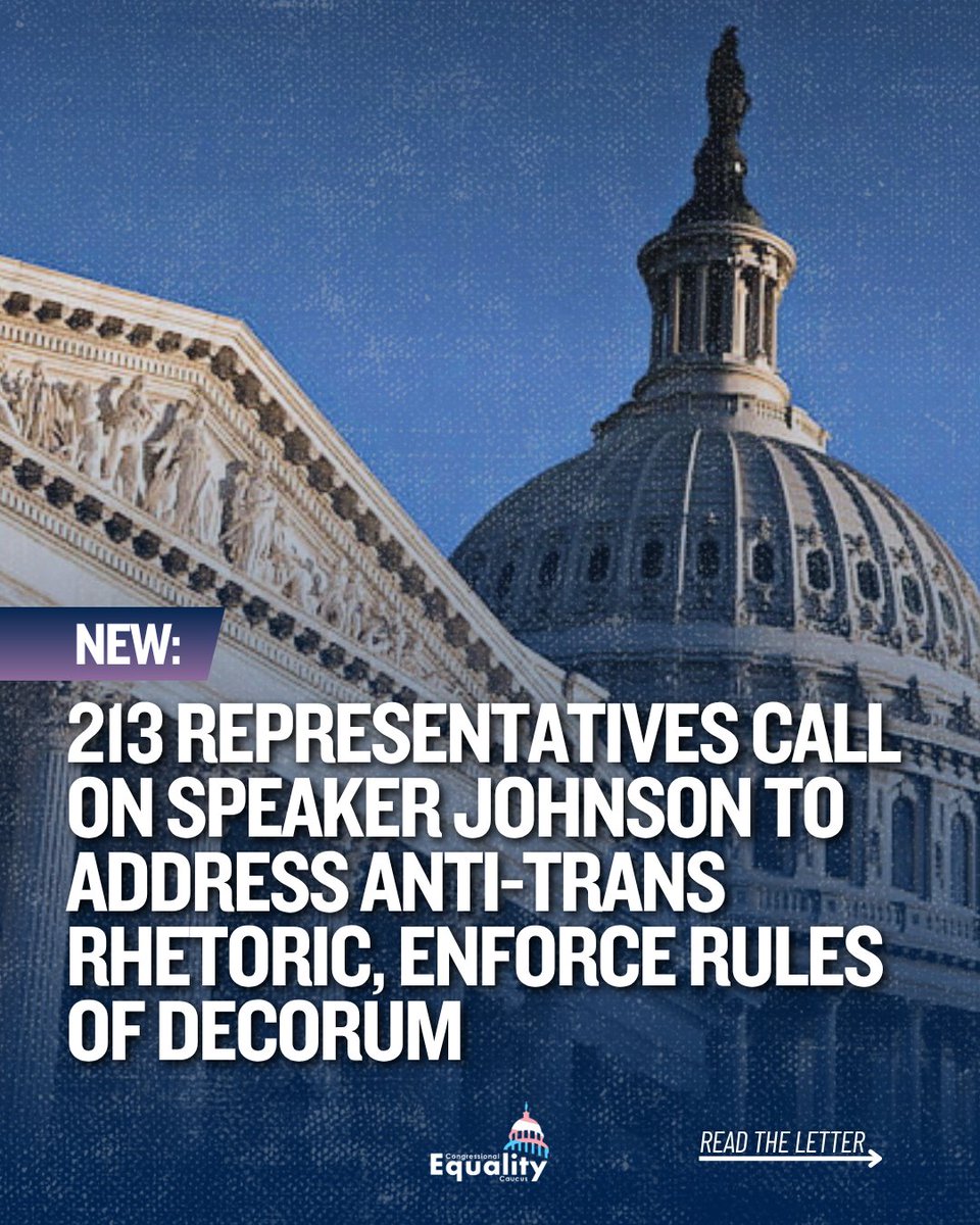 EqualityCaucus's tweet image. This Congress, there&apos;s been a disturbing rise in the use of dehumanizing anti-trans rhetoric, including slurs, by US Representatives.

That&apos;s why today, @Rep_McBride &amp;amp; @RepMarkTakano led 213 Members demanding Speaker Johnson condemn this rhetoric &amp;amp; enforce House rules of decorum.