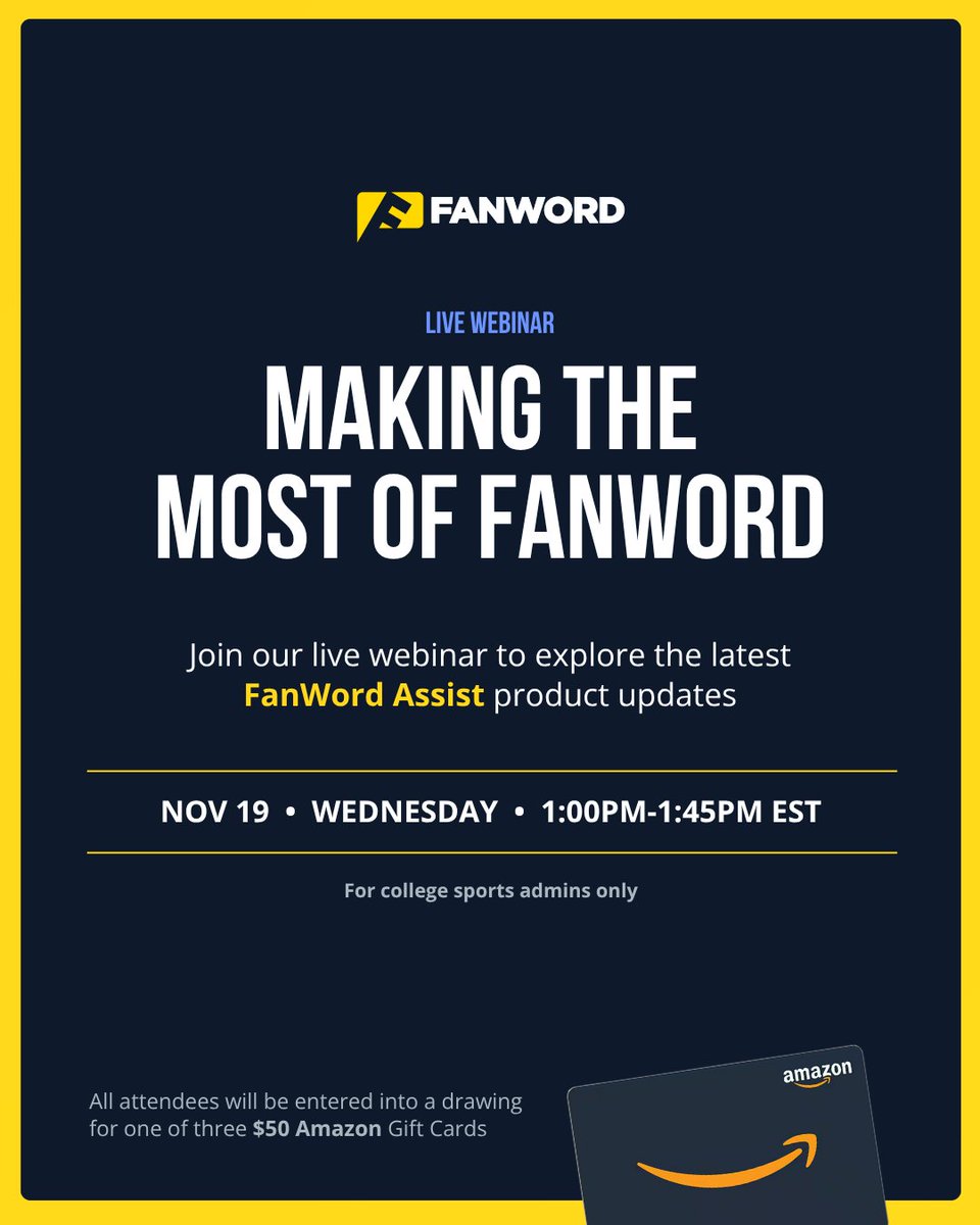 Come join us for a free webinar this 𝗪𝗲𝗱𝗻𝗲𝘀𝗱𝗮𝘆, 𝗡𝗼𝘃 𝟭𝟵, and learn more about our latest product updates and features 👇

🔗 fanword.com/fanword-assist…

(oh, and maybe win a $50 Amazon Gift card 🏆)