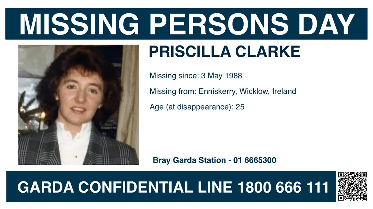 MisPersSupport's tweet photo. Priscilla Clarke was 25 years old when she went missing on 3 May 1988 from Enniskerry, Wicklow, Ireland
https://t.co/FSZsA7bYTx
#FindPriscillaClarke #MissingPersonsDay #ThinkingOfYou #MissingPersonsSupport @claireclarke111 https://t.co/Fik7O6UC42