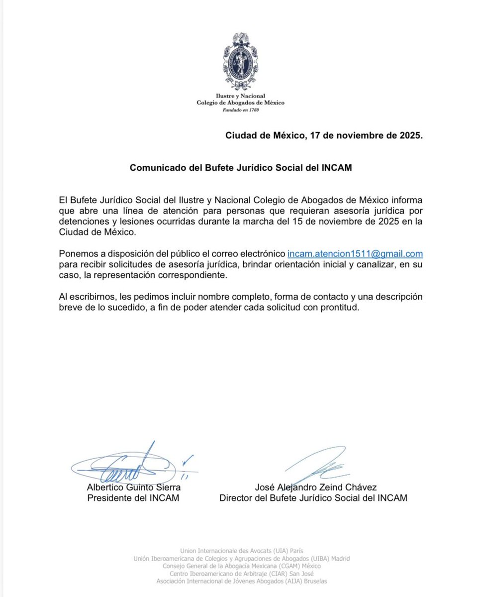 INCAM_Abogados's tweet image. El Bufete Jurídico Social del Ilustre y Nacional Colegio de Abogados de México habilita una línea de atención para brindar asesoría jurídica gratuita a personas afectadas por detenciones o lesiones durante la marcha del 15 de noviembre de 2025 en la Ciudad de México.