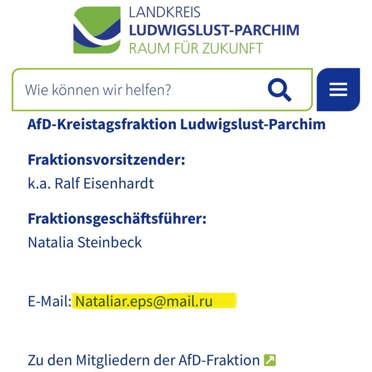 Niemiecki pragmatyzm w praktyce.

Oficjalny kontakt z frakcją AfD w powiecie Ludwigslust-Parchim (MV) przez skrzynkę w domenie… mail.ru.

Szybko. Pewnie. Bezpośrednio.

Nic śmieszniejszego już dziś Państwo nie zobaczycie. 

Link w komentarzu.