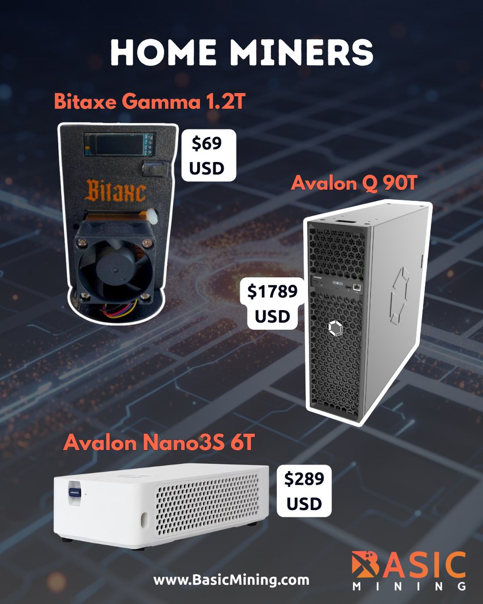 BasicMining's tweet image. ⚡Home Miners⚡

Heat your home and stack sats!🔥

🇺🇸US Stock - Ready to ship! 🇺🇸
✅ Bitaxe Gamma 1.2T - $69 
✅ Avalon Q 90T - $1,789 
✅ Avalon Nano3S 6T - $289

📦US Domestic Shipping Included

🔥 Limited stock — grab yours before it’s gone!

➡️ Contact us now!
📩 Email…