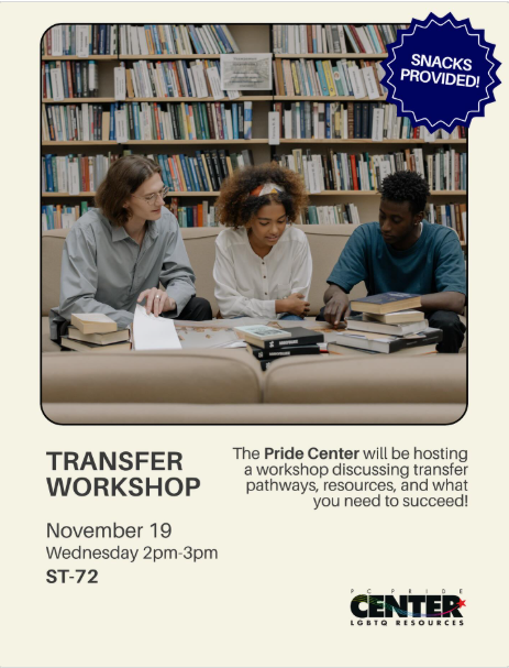 Transfer Workshop at the Pride Center
📆November 19 
⏰2:00 pm 
📍ST-72
Come chat about transferring! Learn more about what you need to know about transferring and chat with a transfer counselor who can answer questions about your specific goals.