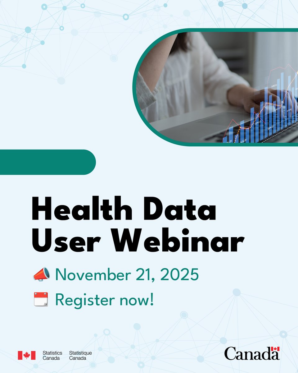 StatCan_eng's tweet image. New webinar for health data users! 

Register today and join us on November 21 to discover the full potential of Statistics Canada’s rich and diverse health data holdings: forms-formulaires.alpha.canada.ca/en/id/cmh2bq8p…

#CdnHealth