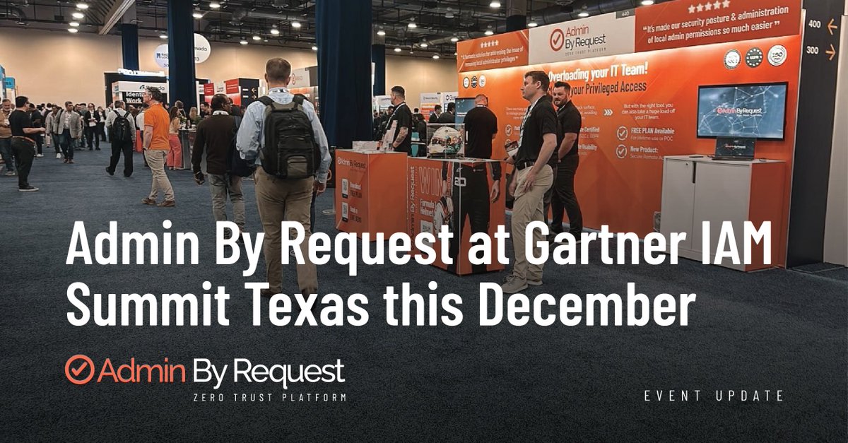 AdminByRequest's tweet image. Admin By Request is excited to be heading back to the @Gartner_inc 𝗜𝗔𝗠 𝗦𝘂𝗺𝗺𝗶𝘁 in Texas this December! 

From the 8th to the 10th of Dec, we’ll be at the booth doing live demos, hosting an F1 helmet raffle, and presenting an engaging speaking session on one of the Gartner…