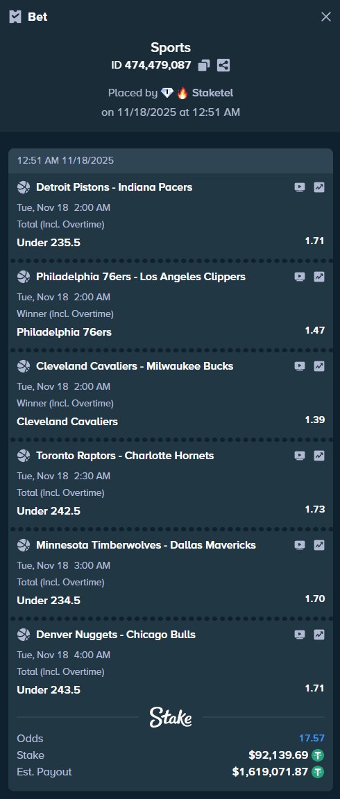 Staketel's tweet image. all the bonuses are opened on the Stake - t.me/WhataBet

Rakeback and monthly reload for all new players!

Detroit Pistons - Indiana Pacers
-Under 235.5
Philadelphia 76ers - Los Angeles Clippers
-Philadelphia 76ers
Cleveland Cavaliers - Milwaukee Bucks
-Cleveland…