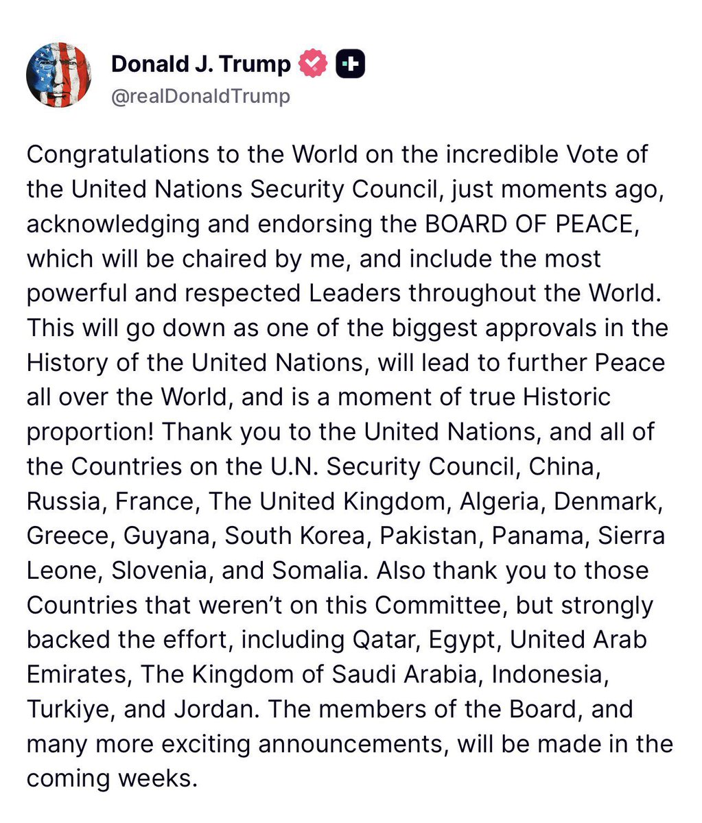 DigitalGalX's tweet image. “Congratulations to the world on the incredible Vote of the United Nations Security council …endorsing the BOARD OF PEACE” - Trump 

China
Russia
France 
The U.K. 
Algeria
Denmark 
Greece 
Guyana 
South Korea 
Pakistan 
Panama
Sierra Leone 
Slovenia 
Somalia 

The President of…