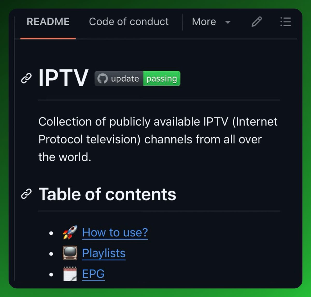 GithubProjects's tweet image. Collection of publicly available IPTV channels from all over the world