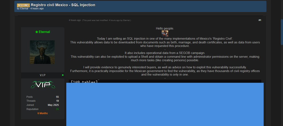 victor_ruiz's tweet image. ⚠️🇲🇽Alerta: Se ha reportado la presunta oferta de una vulnerabilidad que afectaría a una dependencia del Registro Civil en México. Según la información difundida, esta falla permitiría acceder y descargar documentos como actas de nacimiento, matrimonio y defunción,