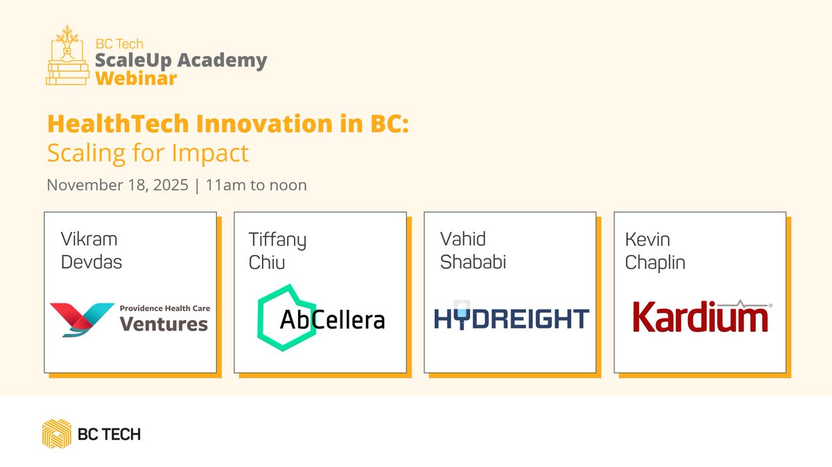 wearebctech's tweet image. Scaling HealthTech in BC? Hear how innovators from @AbCellerabio, @KardiumInc, @HydreightIV &amp;amp; #ProvidenceHealthCareVentures are making it happen—while navigating complex care systems.

Register: eventbrite.ca/e/157140972177…

Thank you to our partners @BoastCapital and @Smythe_LLP