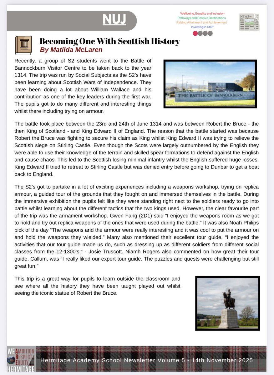 HermitageSocSub's tweet photo. The latest newsletter was an amazing way to reflect on our educational trip to the Battle of Bannockburn site! 🏰✨ Pupil voice truly shines through as individuals shared their experiences which aligns with #UNCRCArticle12 (Every child has the right to be heard) @HermitageAcad 🙂 https://t.co/dzg9Sos6mX