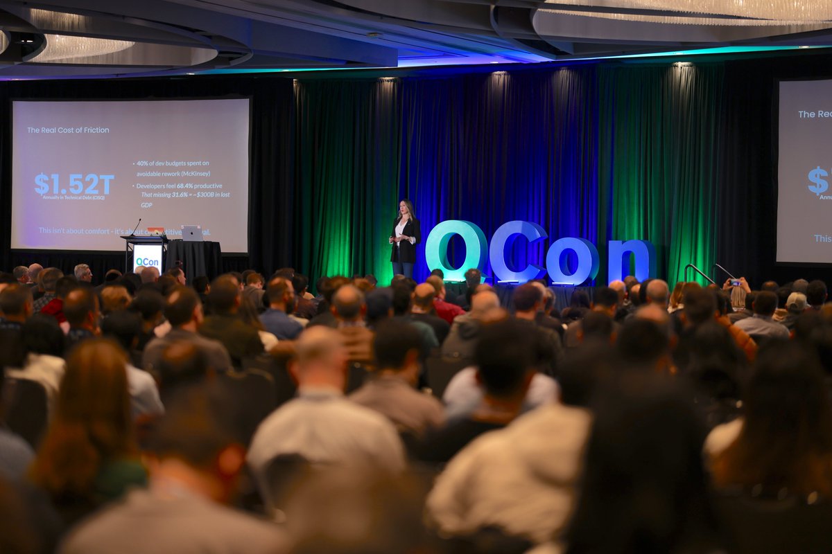 QCon's tweet image. #QConSF Keynote: &quot;From Friction to Flow: How Great DevEx Makes Everything Awesome&quot;. ⚙️💡

As #AI reshapes how we build software, the fundamentals of DevEx matter more than ever. 

On stage🎤 Nicole Forsgren, Partner, Applied Research &amp;amp; Strategy, OCTO @Microsoft.

#DevEx
