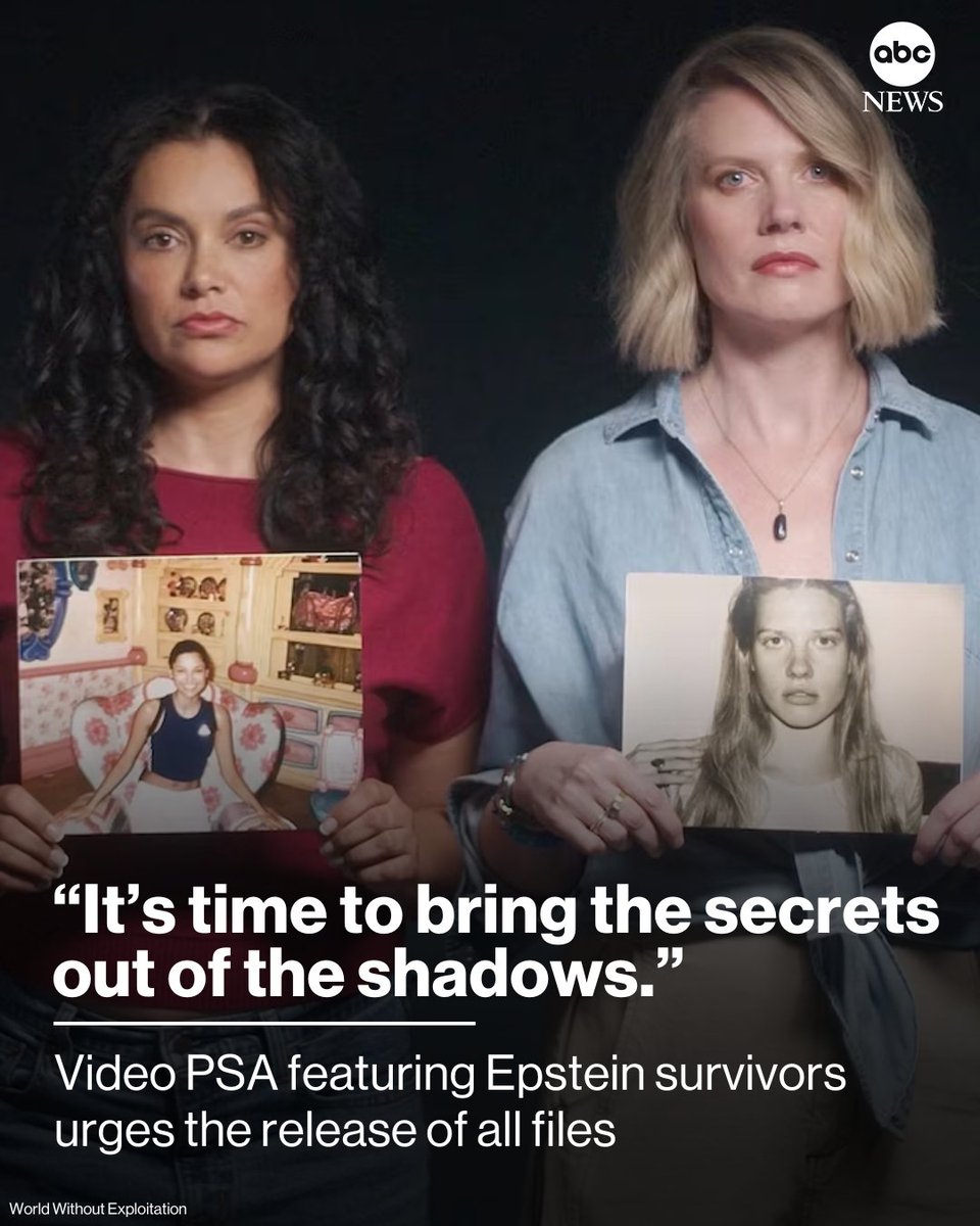 ABC's tweet image. The anti-trafficking group World Without Exploitation released a video PSA featuring a group of Epstein survivors advocating for the release of all Epstein files. abcnews.link/7k7oDr1