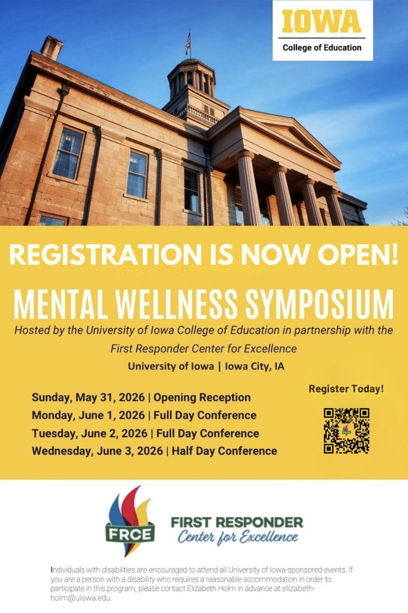 1stresponderctr's tweet image. ✨ Registration is now open!

We’re proud to partner with @uiowa College of Education to host the Mental Wellness Symposium — a multi-day event focused on supporting the mental health and wellbeing of first responders.

🗓️ May 31 – June 3, 2026
📍 University of Iowa | Iowa City,…