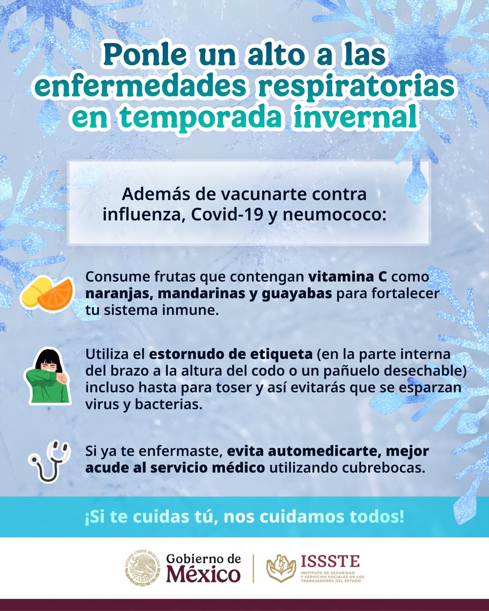 ISSSTE_mx's tweet image. ¡Ay, ya ciérrenle al refrí! 🥶

Ya se deja sentir el frío en la mayor parte del país y eso que aún no entramos en el invierno. ❄️🎄

💉 Por ello, debemos estar prevenidos y vacunarnos contra influenza, Covid-19 y neumococo, especialmente niños, embarazadas y personas adultas…