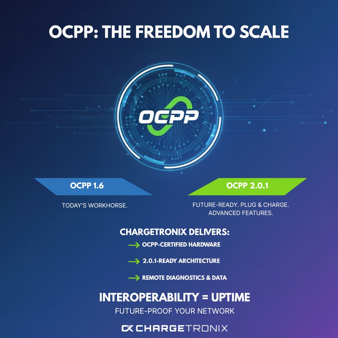 OCPP = scale.  
- 1.6 for today 
- 2.0.1 for what’s next  

ChargeTronix delivers certified, future-ready hardware built for uptime.  

👉 ChargeTronix.com

 #OCPP #EVCharging #DCFC