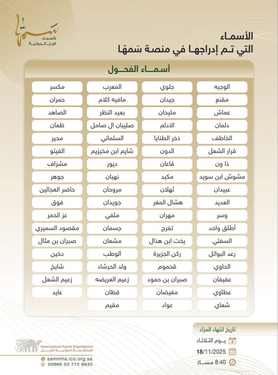 📄 الأسماء التي تم إدراجها في منصة سَمهّا:

تاريخ انتهاء المزاد:
🔚 يوم الثلاثاء
🗓️ 18/11/2025
⏰ 08:40 مساءً

رابط المنصة المباشر:
🔗| sammha.ico.org.sa