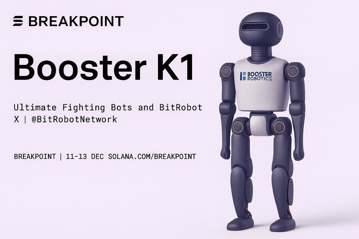 BitRobotNetwork's tweet image. T-23 days until @SolanaConf.

Over 20 humanoids. Three days of live robot battles.
One last bot to reveal: Booster K1.

Mini but mighty. If you spot one walking around Etihad Arena, say hi and test your reflexes.