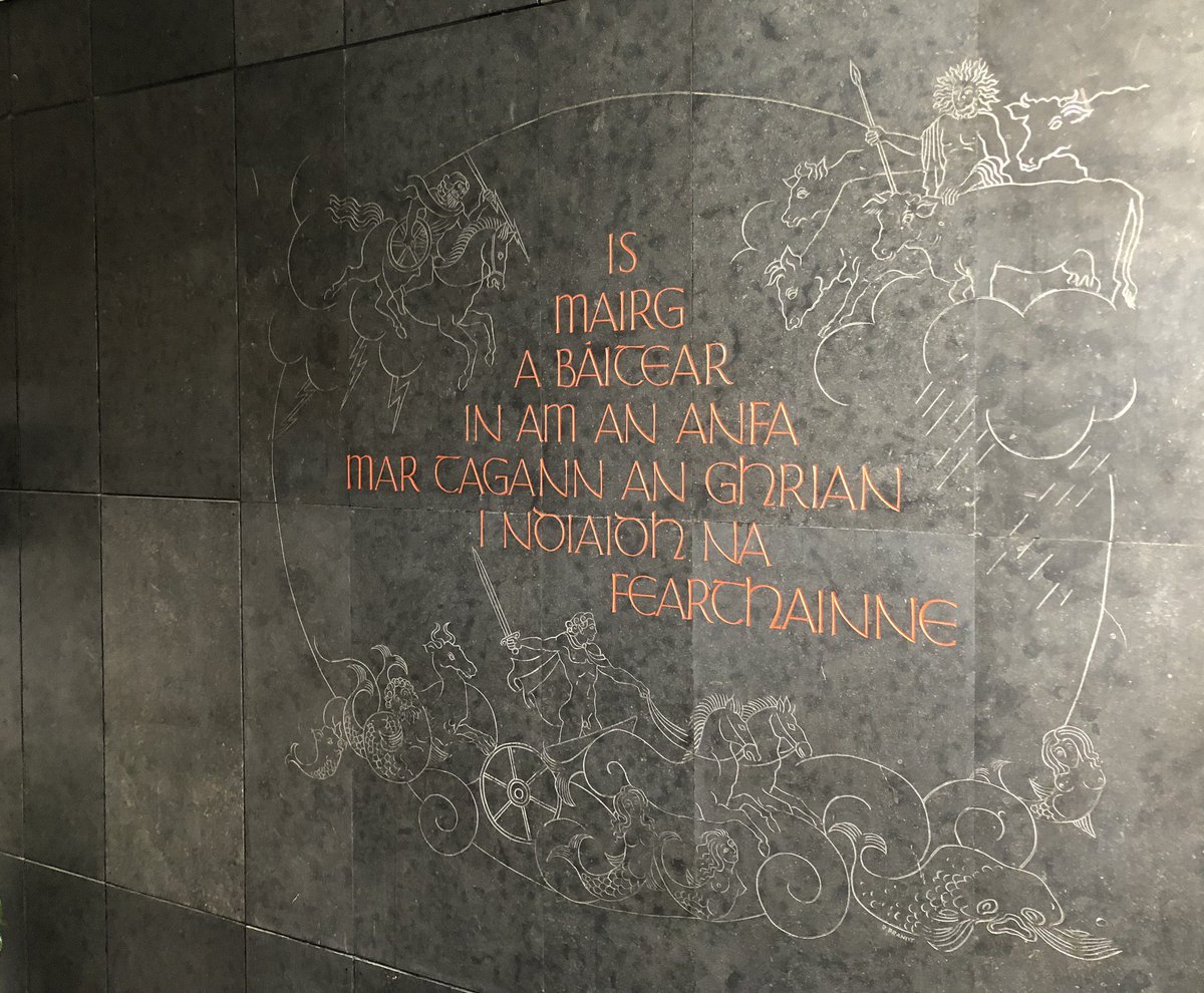 PangurBn10's tweet image. Mural in Met Éireann's Headquarters in Glasnevin, Dublin designed by Ruth Brandt. 

Features the Daghda as a horseman in charge of wind and sky; the right-hand figure is Lugh Lamhfhada accompanied by a herd of divine white cows whose milk bring moisture and fertility (the…