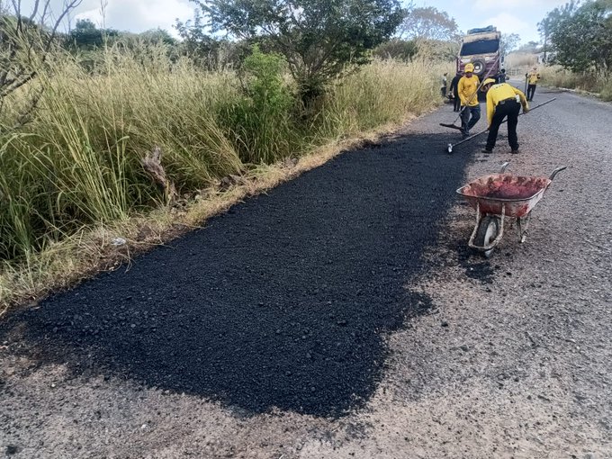 Two workers in yellow safety vests and helmets stand near a rural road surrounded by tall grass and trees under a cloudy sky applying black asphalt using a wheelbarrow and tools with a yellow truck and equipment visible nearby. In the second image a white truck with a generator is parked beside the road where a smooth black asphalt patch has been laid on the pavement surface amid similar grassy roadside vegetation and a road sign.