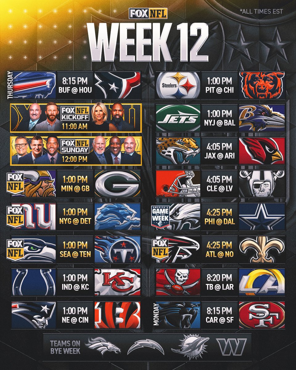 NFLonFOX's tweet image. Week 12 of the 2025 NFL Season coming your way! 🍿

Tell us the matchup you&apos;re most excited for 👀