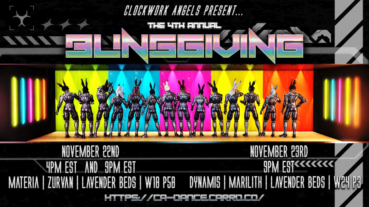 SolaraLeocor's tweet photo. Clockwork Angels present our 4th Annual Celebration of all things bunny boy!!

❤️‍🔥  BUNSGIVING 2025 ❤️‍🔥 

🔥  SHOWTIMES 🔥 
Saturday, Nov 22 @ 4 &amp; 9 PM EST
Materia Zurvan LB W18 P58
Sunday, Nov 23 @ 9PM EST
Dynamis Marilith LB W24 P3

#FFXIV #clockworkangels #macrodance #maleviera https://t.co/Zw0Ci2PmYZ