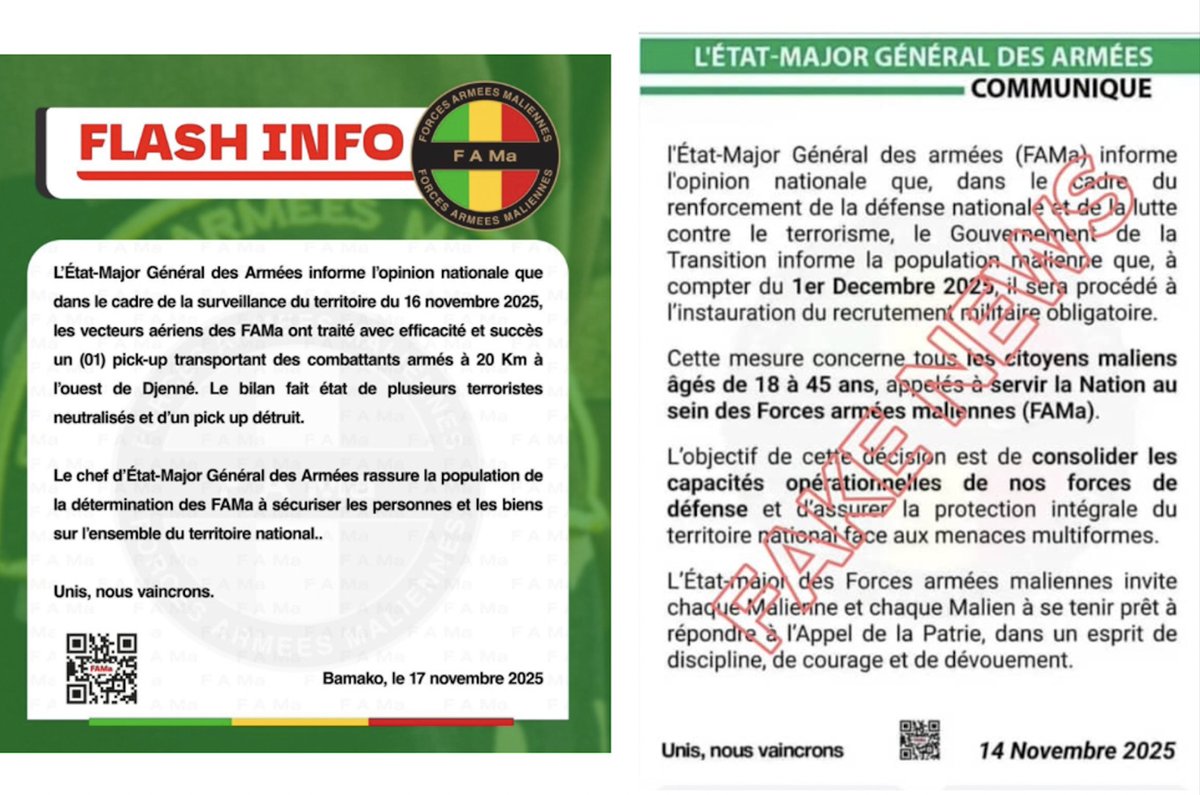 AssoBlogMali's tweet image. Un faux communiqué, largement relayé sur les réseaux sociaux, prétend que les autorités militaires au Mali ont annoncé l’instauration d’un service militaire obligatoire... Nous vous expliquons !

ici 👉🏽...assoblog.org/faux-les-autor…

#AnKaSègè_Sèguè
#MaraNiKunafoni
#ABM
#MaliFact