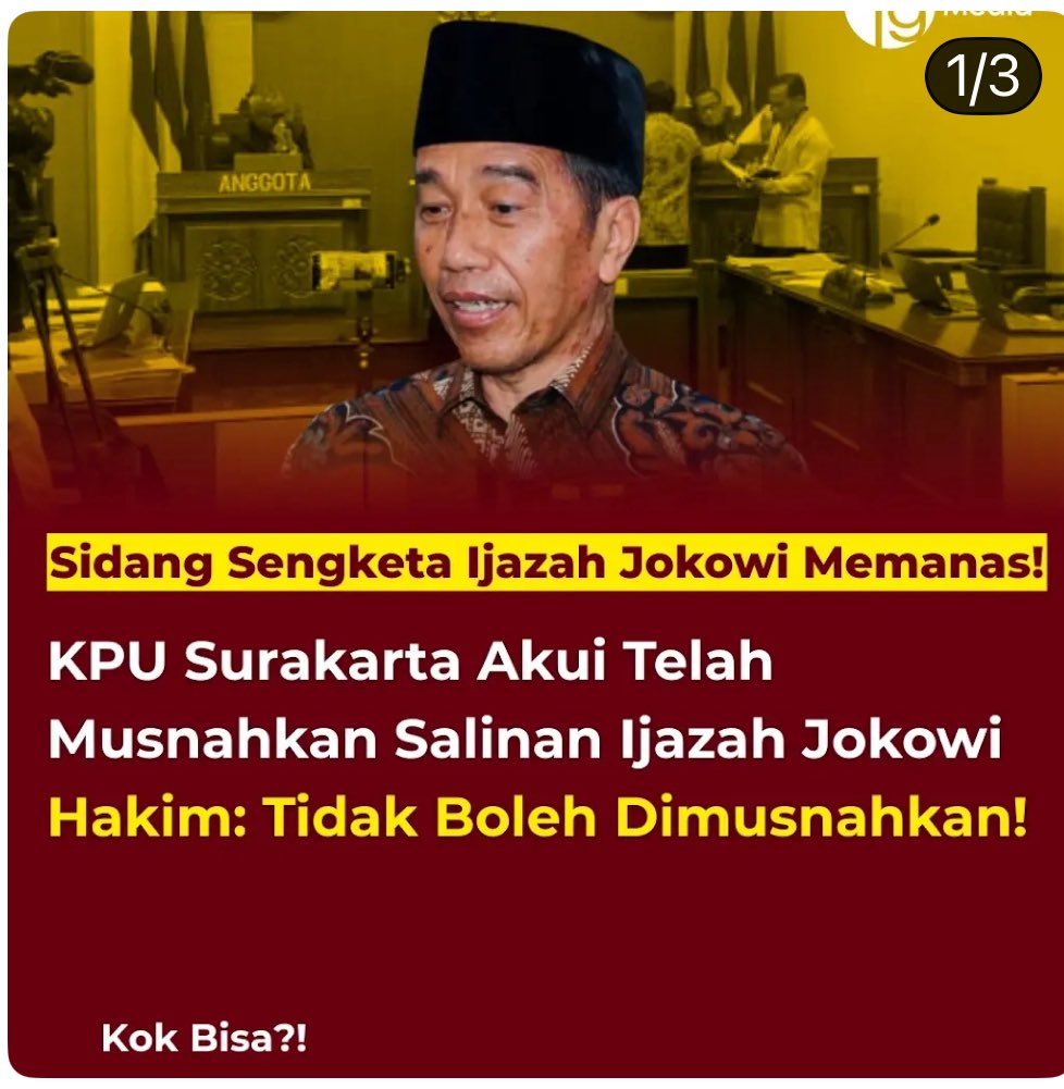 <a href="/DivHumas_Polri/">Divisi Humas Polri</a> ,<a href="/KejaksaanRI/">Kejaksaan RI</a> ,<a href="/MahkamahAgung/">Mahkamah Agung RI</a> ,
<a href="/kompolnas_ri/">Kompolnas RI</a> , <a href="/tribunnews/">Tribunnews.com</a> <a href="/kompascom/">Kompas.com</a> , <a href="/tvOneNews/">tvOnenews</a> ;
Lucu , aneh dan penuh tanda tanya ttg penjelasan KPU Solo ttg arsif copy Ijazah Jokowi , silahkan tebak sendiri,