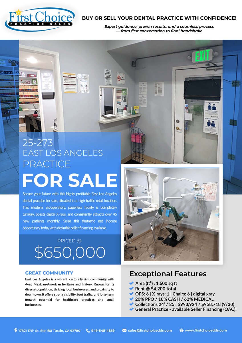 FirstChoicePS's tweet image. 🦷 Own your future in dentistry!
Established East Los Angeles dental practice for sale — modern operatories, loyal patients &amp;amp; prime LA location. Perfect for growth‑minded dentists.

📍 Details: firstchoicedds.com/dental-office-…

First Choice Practice Sales, Inc.
949-548-4559 |…