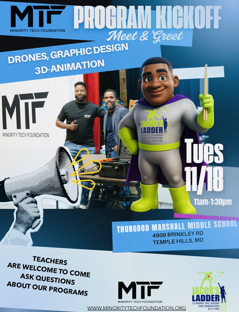 _JacobsLadder's tweet image. Super excited to team up with Minority Tech Foundation to launch our newest STEM program at Thurgood Marshall Middle School! 

Students will dive into drones, graphic design, and 3D animation. The future starts here! 🚀🎮📸