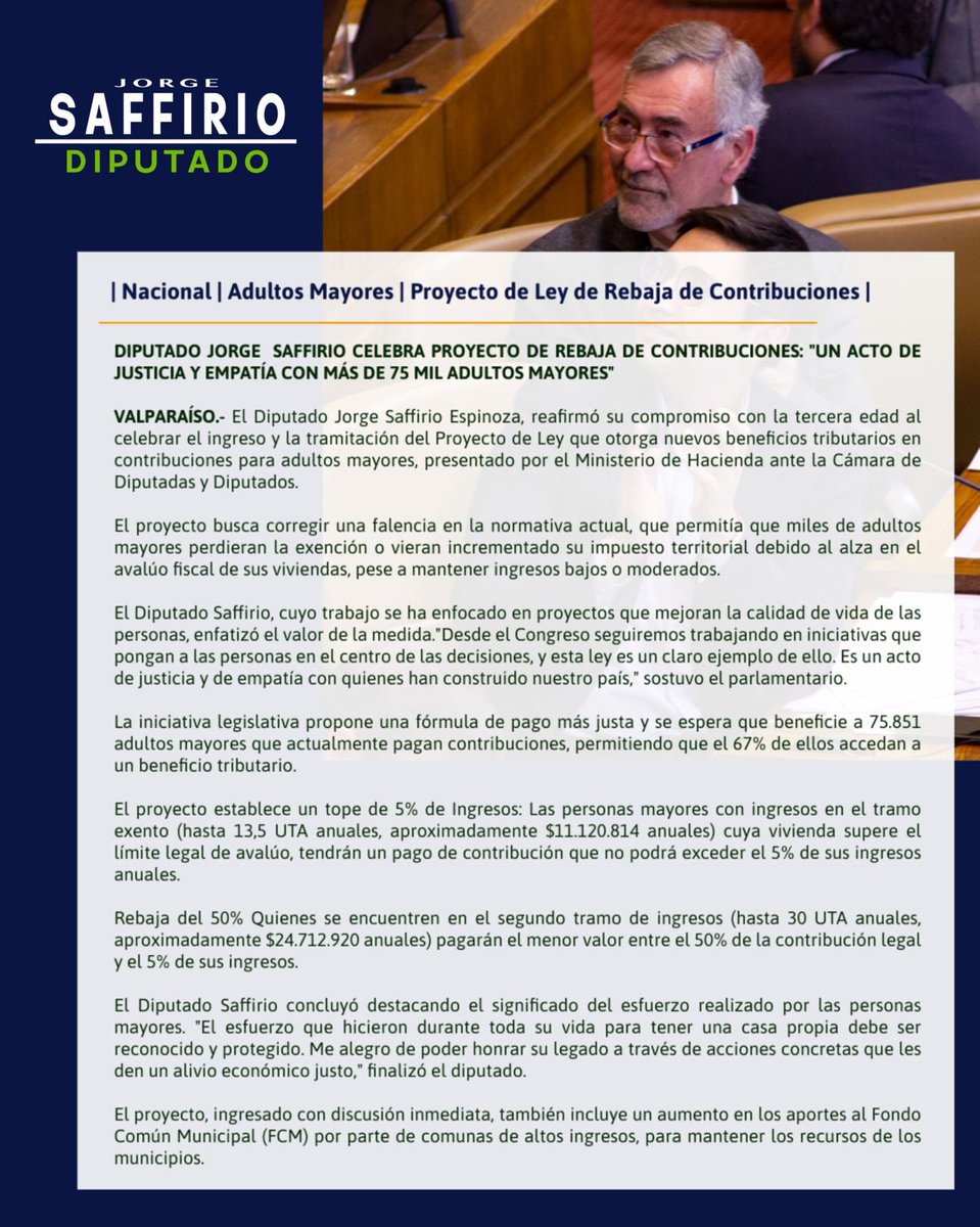 | Nacional | Adultos Mayores | Proyecto de Ley de Rebaja de Contribuciones |

DIPUTADO JORGE  SAFFIRIO CELEBRA PROYECTO DE REBAJA DE CONTRIBUCIONES: "UN ACTO DE JUSTICIA Y EMPATÍA CON MÁS DE 75 MIL ADULTOS MAYORES"

El parlamentario destacó la propuesta del Ministerio de Hacienda