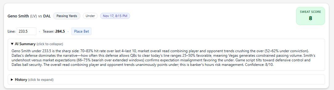 SweatAnalytics's tweet image. Dallas Cowboys @ Las Vegas Raiders

LV +3.5 SPREAD
OVER 50 Total Pts
Geno Smith UNDER 233.5 Passing Yds
Geno Smith UNDER 9.5 Rushing Yds
George Pickens OVER 63.5 Receiving Yds