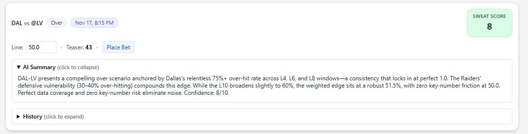 SweatAnalytics's tweet image. Dallas Cowboys @ Las Vegas Raiders

LV +3.5 SPREAD
OVER 50 Total Pts
Geno Smith UNDER 233.5 Passing Yds
Geno Smith UNDER 9.5 Rushing Yds
George Pickens OVER 63.5 Receiving Yds